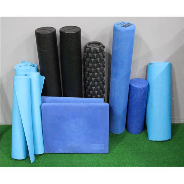 LOT OF 5 FOAM ROLLERS W/ 2 FOAM PADS AND ASSORTED
