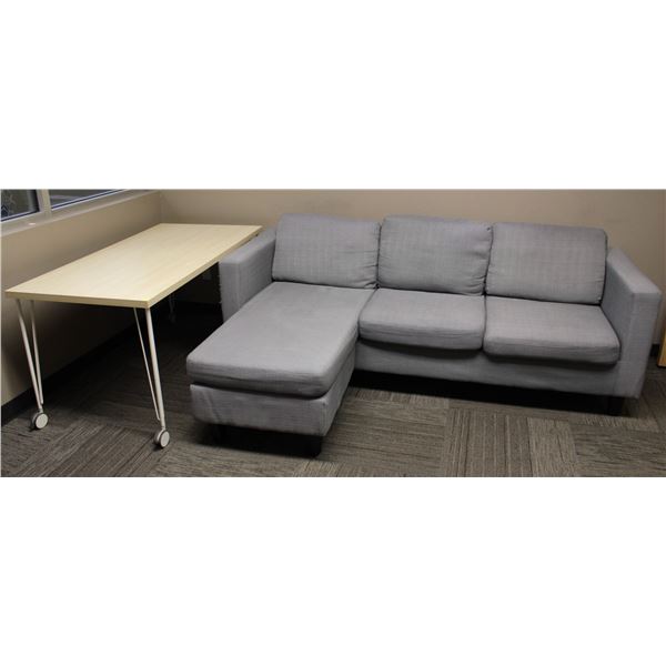 GREY SOFA W/ LIGHTWOOD VENEER TABLE