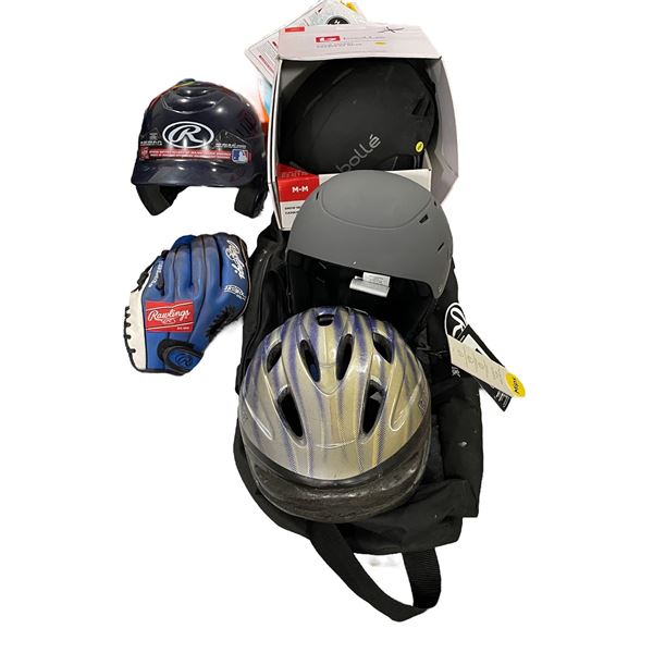 Group of assorted helmets & Rawlings Baseball batting helmet & glove