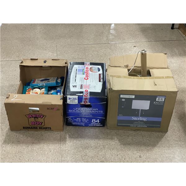 Large group of assorted items - includes Sterling Chrome floor lamp in boxes / Kirkland underwear so