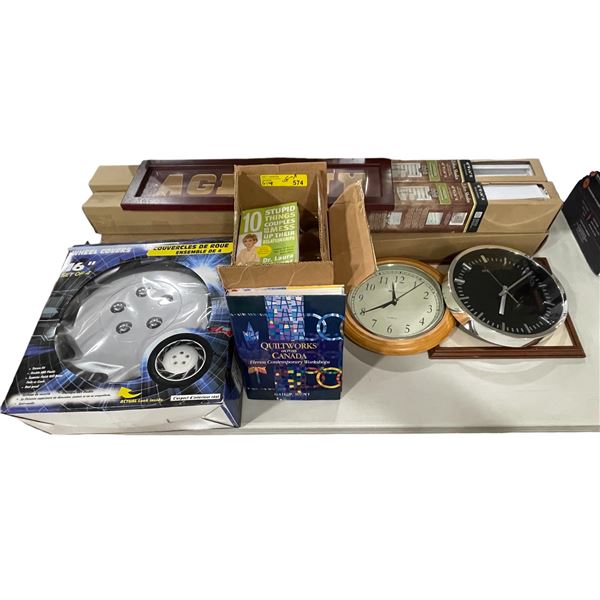 Large group of assorted items - includes Set of 4 16in wheel covers / wall clocks / zebra shades etc