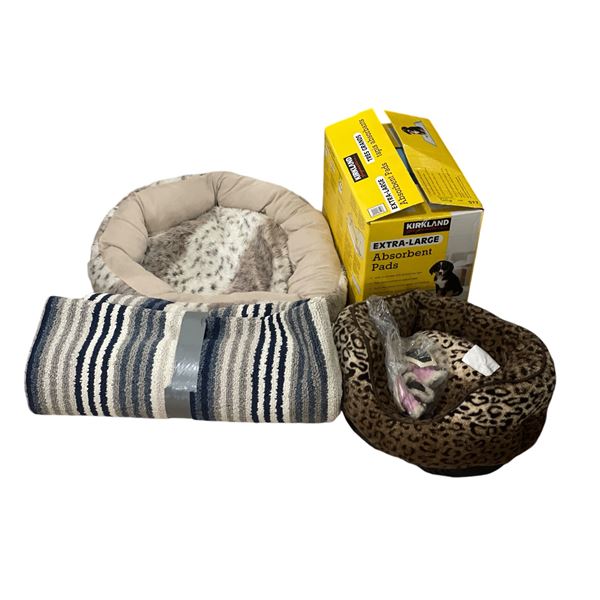 Set of assorted items - includes Kirkland XL absorbent dog pads / mat & 2 dog beds