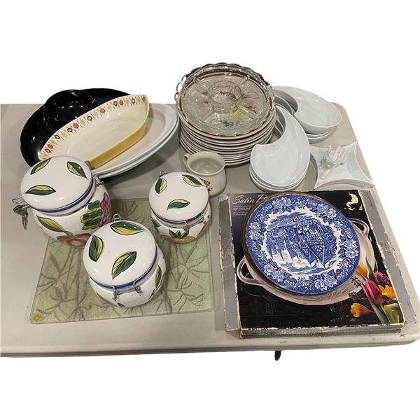 Group lot - Misc. kitchenware including Staffordshire, Watermill plates/ Tuscano orchard cookie jars