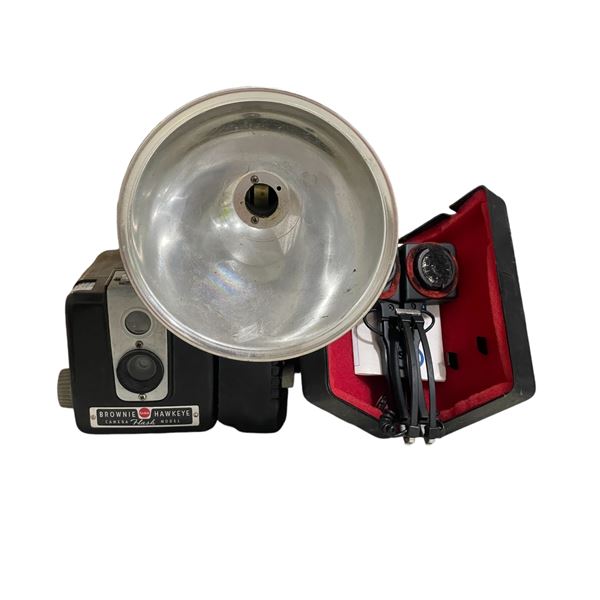 2pc - Kodak Brownie Hawkeye camera with flash & Esso compact stereo headphone system