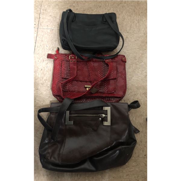 3pc assorted bags Stone Mountain, Snake Red skin purse & brown La Diva leather purse