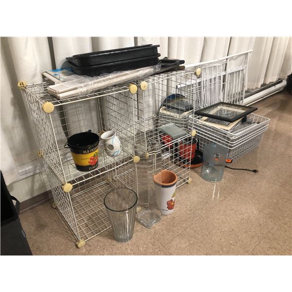 Group lot -  roasting pans/ wire cube storage/ wire baskets/ kettle & misc. vases/ 2 wood saws