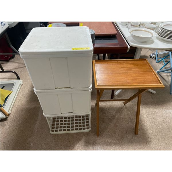2pc - Plastic storage system & folding wooden TV tray