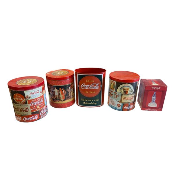 4 Coca Cola tins & bottle lamp - largest tin approx. 11 1/2in height x 10in