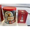 Image 2 : 4 Coca Cola tins & bottle lamp - largest tin approx. 11 1/2in height x 10in