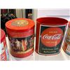 Image 4 : 4 Coca Cola tins & bottle lamp - largest tin approx. 11 1/2in height x 10in