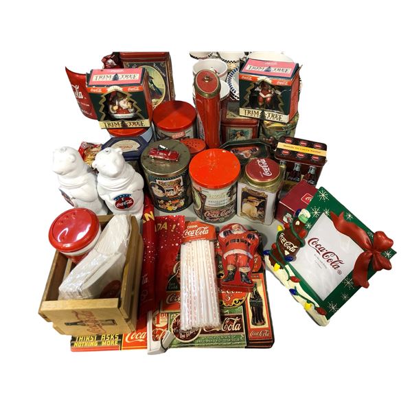 Large group of Coca Cola items - picture frame/ tins/ ornaments/ place mats & more