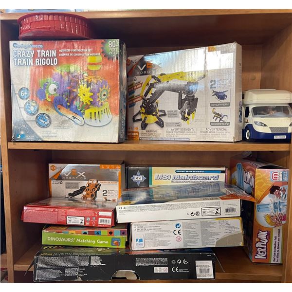 2 shelves of assorted Toys - Pokémon/ Mighty Beanz/ Play Mobil/ Hot Wheels & more