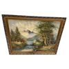 Image 2 : 3 pc - x2 painting (Mountain & forest scene / Floral vase) w/ golden metal wall décor