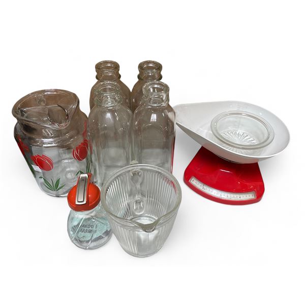 Vintage kitchen scale, milk bottles and pitchers
