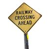 Image 1 : Railway Crossing Ahead metal road sign with pole - sign approx. 30in x 30in, pole 8ft tall