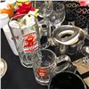 Image 2 : Group lot of wine glasses, beer mugs, glass candle holders, chicken water pitcher, etc.