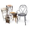 Image 1 : Group lot including metal chair, wooden stools and flower pot
