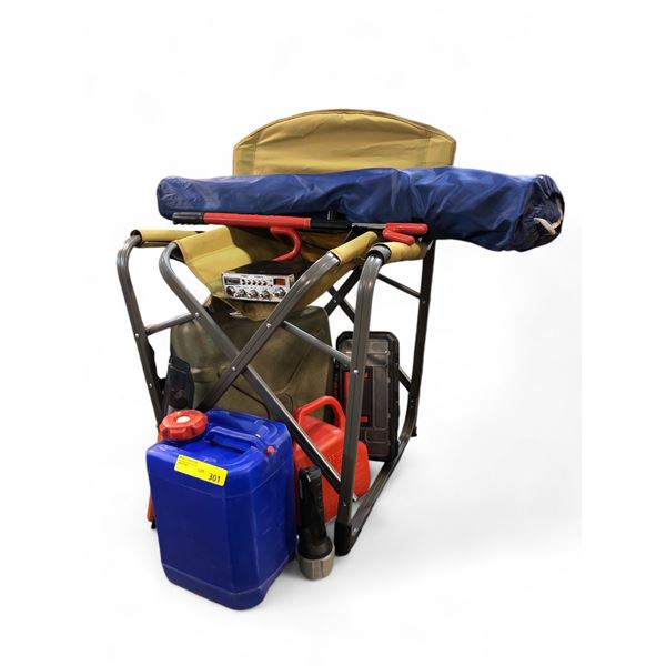 Group lot - Foldable camping chair, CB radio, "The Club" car security, Jerry cans, tackle box, etc.