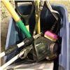 Image 2 : Totes with misc. items - gardening tools/ rustic metal fountain parts/ tools etc.