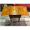 Image 2 : Vintage solid wood bar table w/ inlaid designs, unfolds for bar shelves - 20x18x31.5" Folded