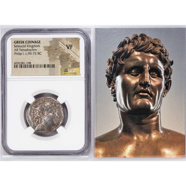 Seleucid Kingdom c.95-75 BC Philip I AR Tetradrachm Ancient Coin NGC VF Story Box