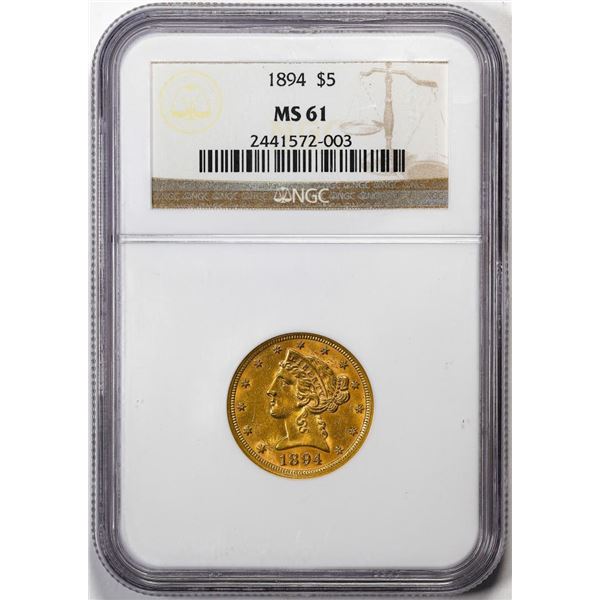 1894 $5 Liberty Head Half Eagle Gold Coin NGC MS61
