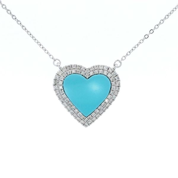 14KT White Gold Turquoise and Diamond Heart Pendant with Chain