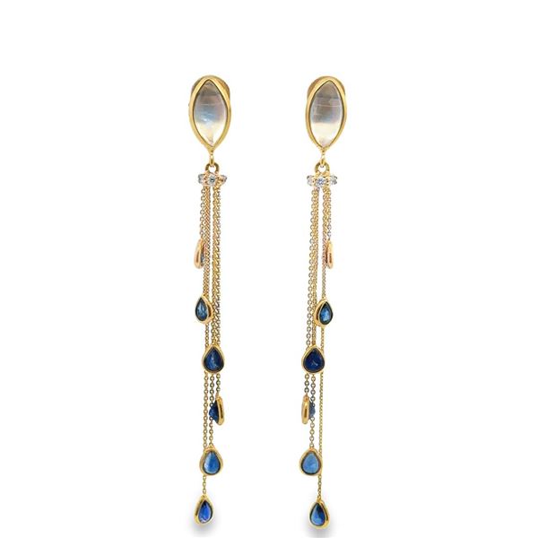 18KT Yellow Gold 4.29 ctw Moonstone, Sapphire, and Diamond Dangle Earrings