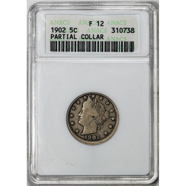 1902 Liberty V Nickel Coin Partial Collar Error ANACS F12