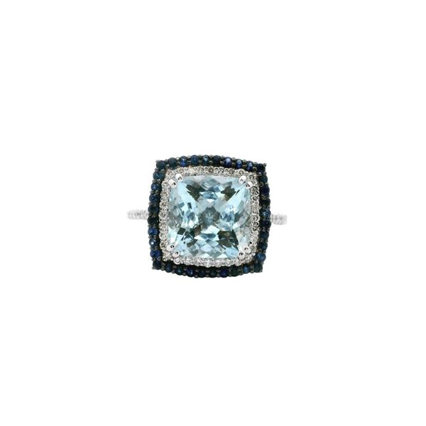 18KT White Gold 3.02 ctw Aquamarine, Sapphire, and Diamond Ring