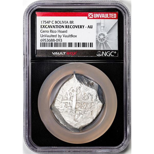 1754P C Bolivia 8 Reales Silver Coin NGC Excavation Recovery AU VaultBox Unvaulted