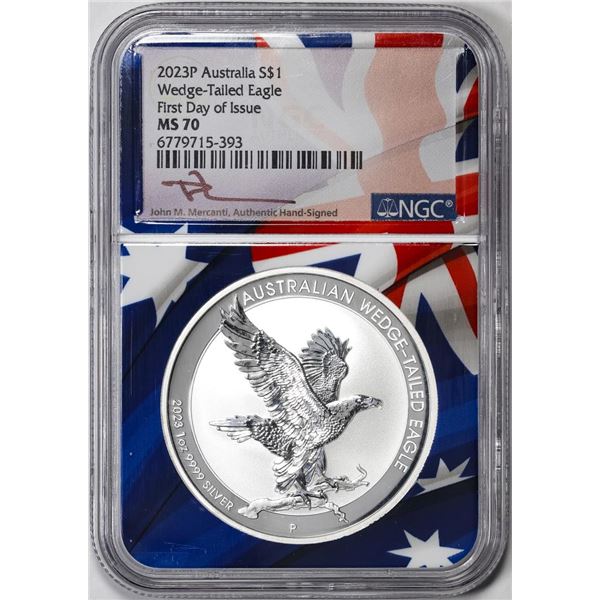 2023P Australia $1 Wedge Tailed Eagle Silver Coin NGC MS70 FDOI Flag Core Mercanti
