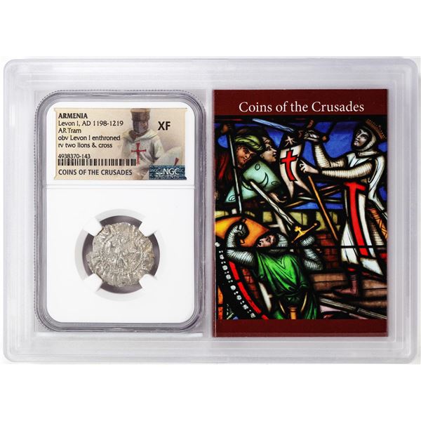 Armenia 1198-1219 AD Levon I AR Tram Crusades Ancient Coin NGC XF Story Box
