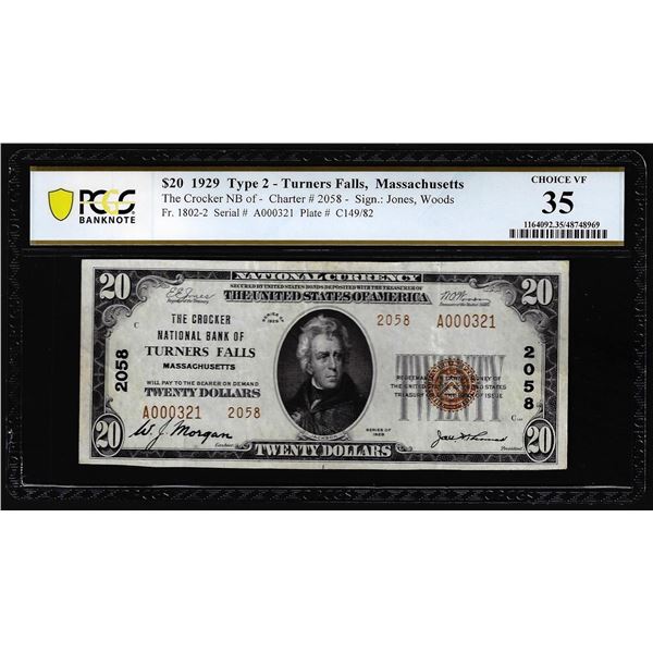 1929 Ty 2 $20 NB Turners Falls, MA CH# 2058 National Currency Note PCGS Choice VF 35