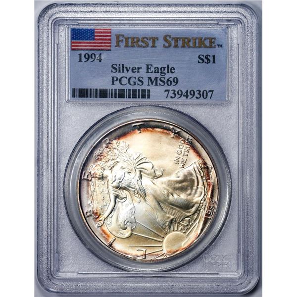 1994 $1 American Silver Eagle Coin PCGS MS69 First Strike Amazing Toning