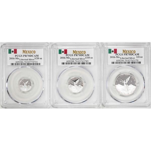 Lot of 2016-Mo Mexico Proof 1/20, 1/10 and 1/4 oz Silver Libertad Coins PCGS PR69DCAM
