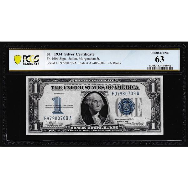 1934 $1 Funnyback Silver Certificate Note Fr.1606 PCGS Choice Uncirculated 63
