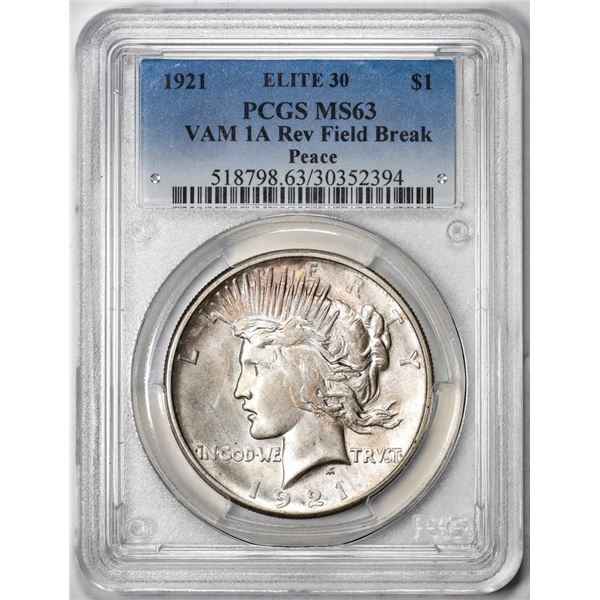 1921 Vam 1A Reverse Field Break $1 Peace Silver Dollar Coin PCGS MS63 Elite 30