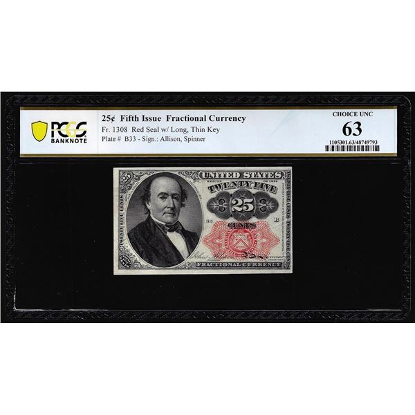 1874 Fifth Issue Twenty-Five Cents Fractional Currency Note Fr.1308 PCGS Choice Unc 63