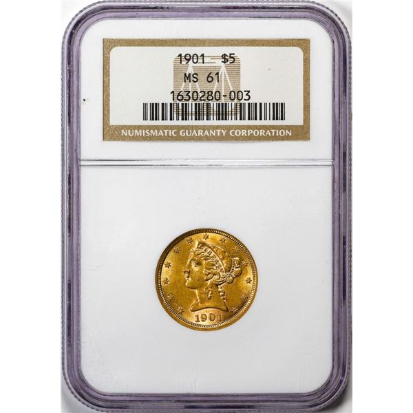 1901 $5 Liberty Head Half Eagle Gold Coin NGC MS61