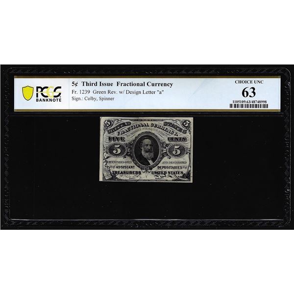 1863 Third Issue 5 Cents Fractional Currency Note Fr.1239 PCGS Choice Uncirculated 63