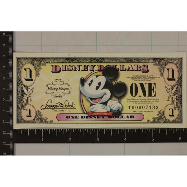 2008 ONE DISNEY DOLLAR CU COLORIZED BILL-80TH