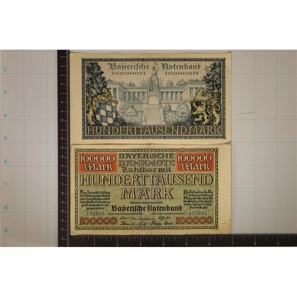 2-1923 BAVARIA 100,000 MARK BILLS