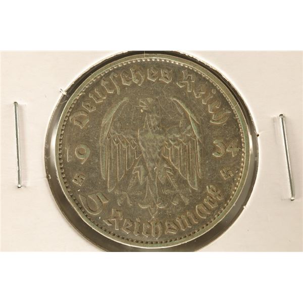 1934-D GERMAN SILVER 5 MARK WITH SWASTIKAS .4016