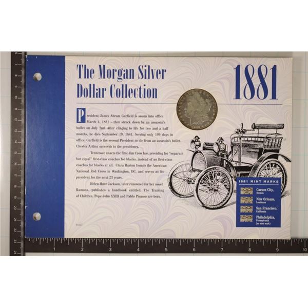 1881-S MORGAN SILVER DOLLAR ON CARDBOARD INFO
