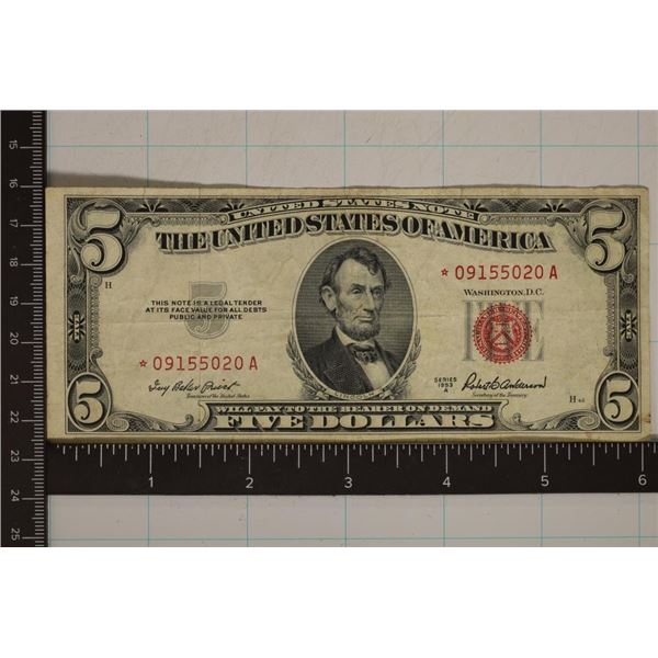 1953-A US $5 STAR NOTE RED SEAL