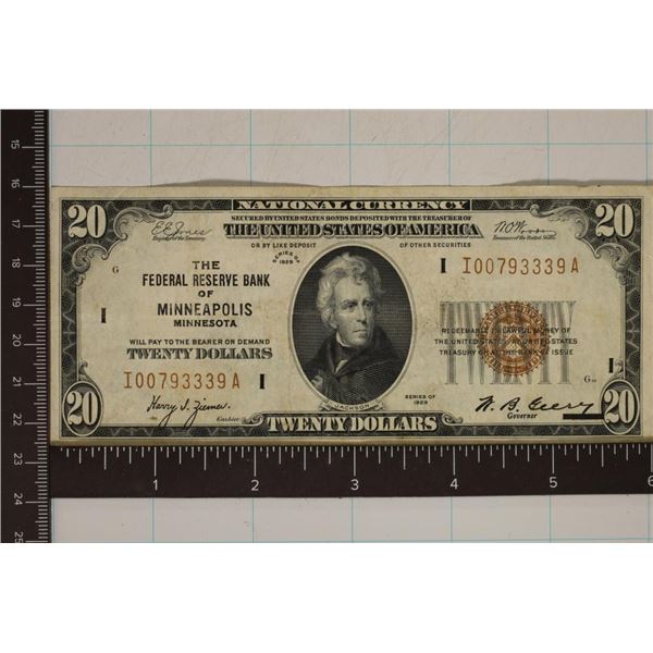 1929 US $20 NATIONAL CURRENCY RESERVE BANK OF
