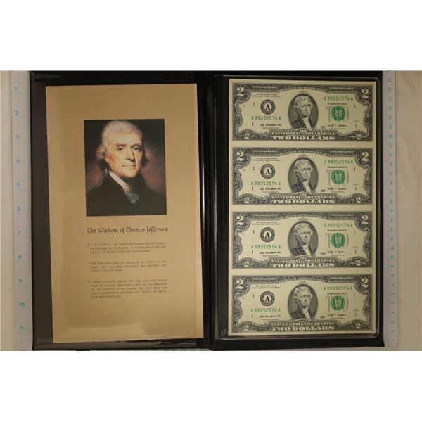 UNCUT SHEET OF 4-US 2009 $2 FRN'S CRISP UNC IN