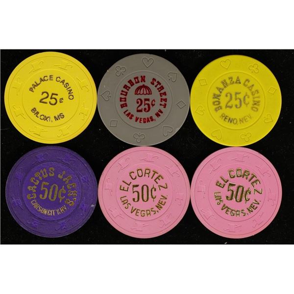 6 PLASTIC $1 CASINO GAMING TOKENS: 3-25 CENT AND