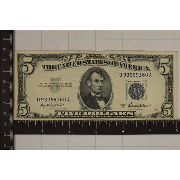 1953-A US $5 SILVER CERTIFICATE BLUE SEAL WHITE